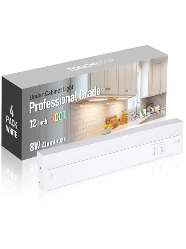 TORCHSTAR 12 Inch LED Under Cabinet Lighting 5CCT, ETL T24, 8W 600LM, Hardwired & Plug-in, 5 Color Selectable CRI90 120V Dimmable Under Counter Lights for Kitchen, White Aluminum Housing, 4 Pack
