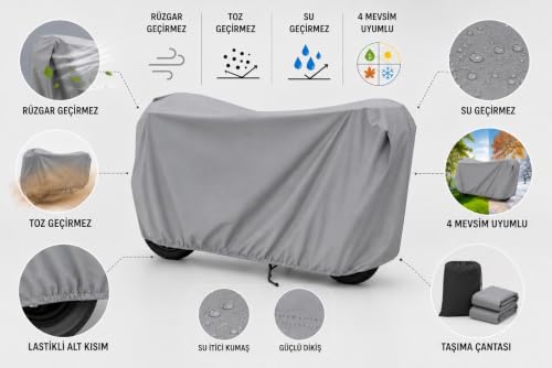 Motosiklet Brandası Gri, Gri Renk, %100 Su Geçirmez Kalın Kumaş Motor Örtüsü, 2XL (XL) | UV Korumalı, Rüzgar Geçirmez, Toz Geçirmez, Lastikli Alt Kenar