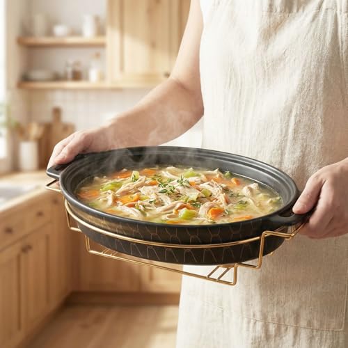 jinsongdafa 12" x 8" Ceramic Oval Casserole Dish with Glass Lid and rack, 1.7 Quart Serving Soup Tureen,Chafing Dish for Buffet, Family Food preserve Tray, Catering Casserole for Party Style, Black by jinsongdafa - Image 5