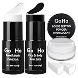 Go Ho White and Black Face Paint Stick with Setting Powder,2 PC White Sponges Set,Waterproof Full-coverage Face Body Paint for Halloween Costumes Clown Skeleton Vampire Skull Cosplay Makeup
