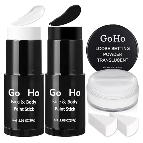 Go Ho White and Black Face Paint Stick with Setting Powder,2 PC White Sponges Set,Waterproof Full-coverage Face Body Paint for Halloween Costumes Clown Skeleton Vampire Skull Cosplay Makeup