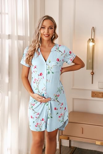 Image of Ekouaer Nightgowns for Women Button Down Night Gowns Short Sleeve Sleep Shirt V Neck Nightshirt Soft Sleepwear Pajams Dress