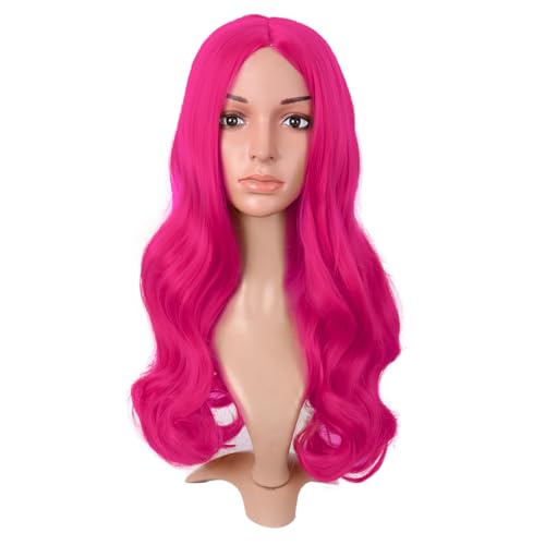 MapofBeauty 22 Inch/55 cm Fashion Long Synthetic Fiber Curly Hair Middle Part Cosplay Wig (Hot Pink)