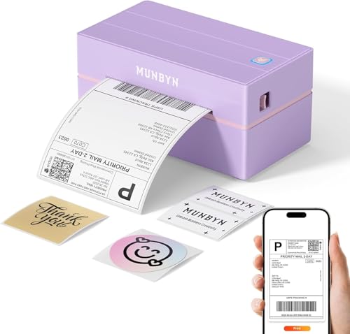 MUNBYN Impresora Etiquetas Autoadhesivas Bluetooth 4x6, Impresora Etiquetas Envio, Compatible con iOS, Android, Windows, Chromebook, DHL y UPS, Púrpura