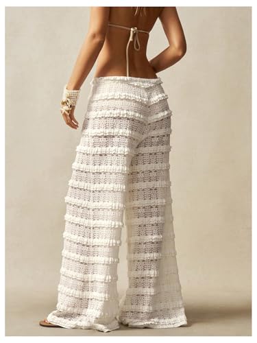 Women's Lace Ruffle Layered Vacation Beach Pants Drawstring Waist Mesh Wide Leg Pants Boho Trousers2