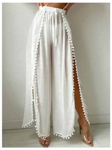 SHENHE Women's Bathing Suit Cover Up Pants Split Wide Leg Sheer Flowy Beach Palazzo Pants3