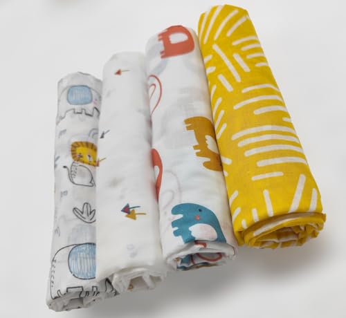 Image of Trance Home Linen Super Ultra Soft 100% Cotton Malmal Baby Swaddle Cloth | Baby Wrap for New Born Babies | Skin Frindelly Soft Baby Towel |New Born Swaddles-(100x100 Cm, Peeples & Pine,Pack of 4)