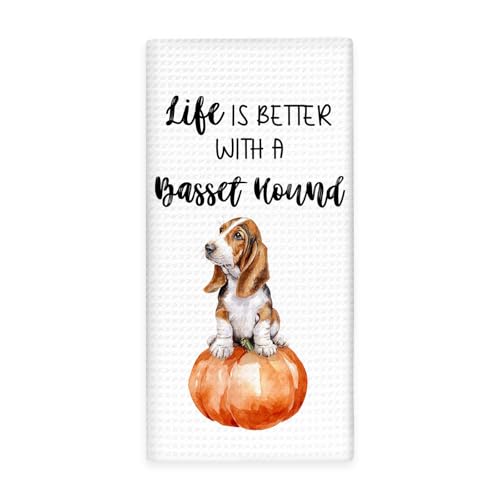 Lengues Basset Hound Gifts Fall Kitchen Towels, Pumpkin Dog Decor Dish Towel for Kitchen, Gifts for Dog Lovers, Life is Better with A Basset Hound Halloween Hand Towels for Bathroom Decor 16x24 Inch