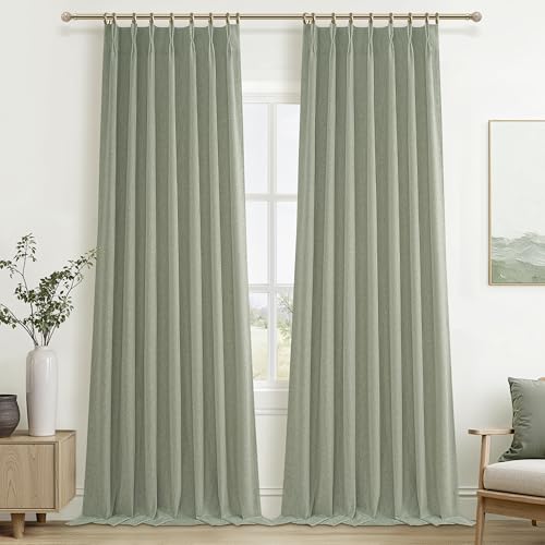 Image of Sage Green Blackout Linen Curtains 108 Inches Long for Living Room Bedroom, Pinch Pleated Boho Light Drapes Viral Window Curtain with Pinch Pleat Clips Thermal Insulated (40 inchWx108 inchLx2Panels Sage)