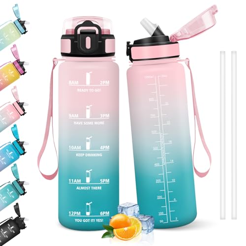 HoneyHolly Trinkflasche 1L, Auslaufsicher, Trinkflasche Kohlensäure Geeignet, Wasserflasche BPA-Frei, Sportflasche mit Strohhalm… – Ansicht 1