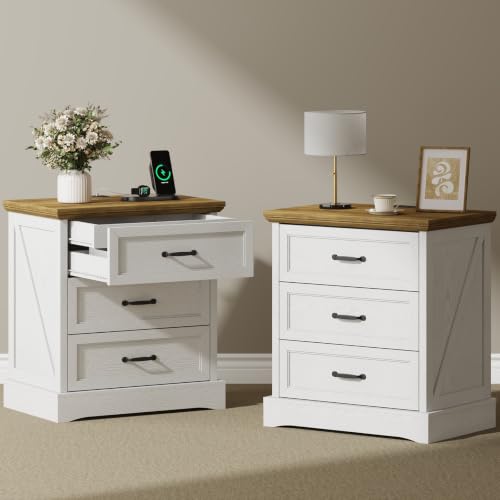 Draelibor Farmhouse Nightstands Set of 2 with Charging Station and Hidden Drawer Bedside Table with 4 Drawers Night Stand for Bedroom Home Office 23.6 W x 15.7 D x 26 H White & Brown