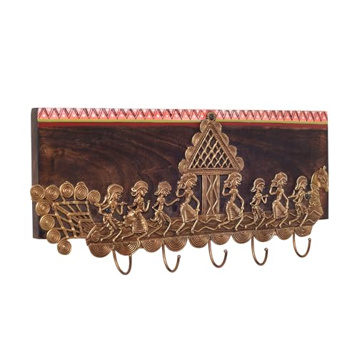 Image of AAKRITI ART CREATIONS Heritage Charm Brass Key Hook Set, Dhokra Art Teak Wood Wall Hanging Panel Set of 1, Brown Wall Decor Key Holder | Matte Finish Wooden | Decor for Entryway, Living Room, Office