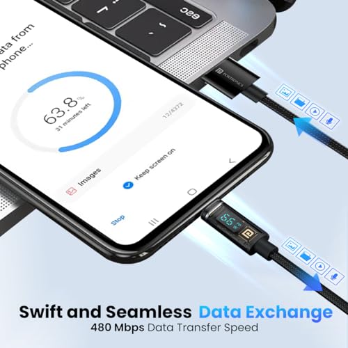 Image of Portronics Konnect View 66W Type C Cable with LED Display 6.5A Output, Nylon Braided, Fast Data Sync, 1.2M Length, Tangle Resistant(Black)