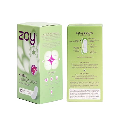 Image of ZOY Herbal Wellness Panty Liners for Women | Pack of 30 | 160mm | Helps For White Discharge & Irregular Periods | Post-Partum Support | Daily Care, Ultra Thin Cotton , Breathable, Rash-Free | 100% Toxic-Free | Daily Use Panty Liner Pads Sanitary Napkins