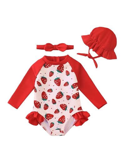Renotemy Baby Girl Swimsuit 6-9 Months Back Zipper Bathing Suit Gifts Infant Girls 9-12 Months Color Blocking Red Ruffle Summer Beach Essentials Long Sleeve One-Piece Rash Guard Swimwear with Hat