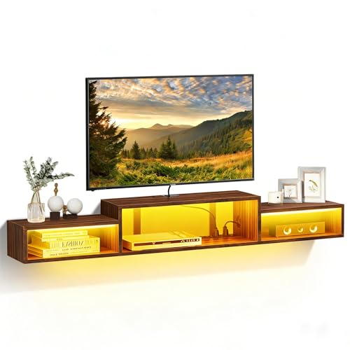La Mejor Selección de Panel de Tv - los más vendidos. 44 LOKOOY Mueble Flotante para TV 70' con Luces LED, Repisas Flotantes para TV -Ideal Almacenamiento Debajo, con 4 Enchufes y 3 Espacios Abiertos, Sencillo y Ahorra Espacio, Marrón...