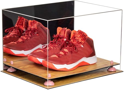 Better Display Cases Acrylic Extra Large Shoe Display Case for Basketball Shoe, Hightop, Soccer & Football Cleats Box with Mirror Case, Pink Risers and Wood Base 18 x 14 x 12 (A014/V60)