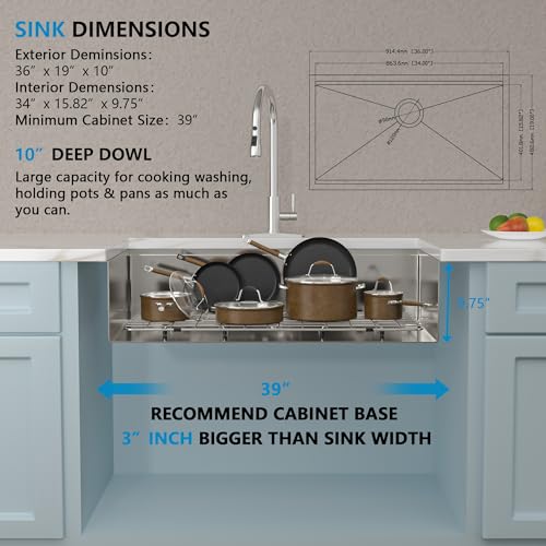 Image of 36 Undermount Kitchen Sink - Fulorni 36 inchx19 inch Kitchen Sink Ledge Workstation Under Counter 16 Gauge 304 Stainless Steel Large Single Bowl Basin