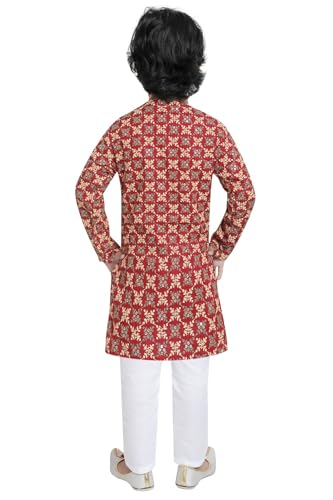 Image of TinySteps Boys' Ethnic Wear - Cotton Lakhnavi Chikan Kurta with Golden Sequence Work and Elastic Waist White Cotton Pajama - Festive & Wedding Outfit