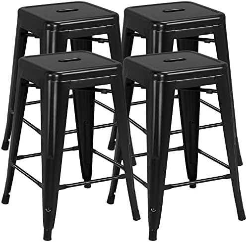 Yaheetech 24 inch barstools Set of 4 Counter Height Metal Bar Stools, Indoor/Outdoor Stackable Bartool Industrial High Backless Stools Black