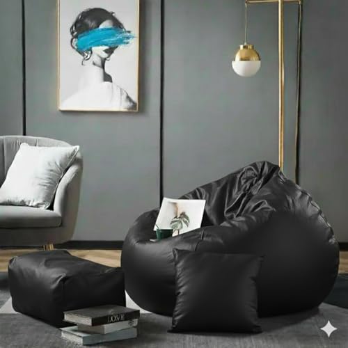 Image of Luxury 5XL Jumbo Bean Bag with Footrest & Cushion | Premium Leatherette | High-Density Beans Filled | Heavy Duty Double Stitch | 6 Months Warranty Color- (Navy Blue) (Black)