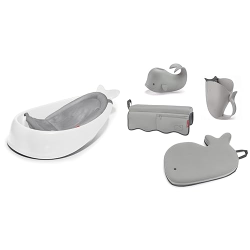 Skip Hop Bañera para bebé, bañera inteligente de 3 etapas, Moby, juego esencial de baño para bebé, color blanco y Moby, gris
