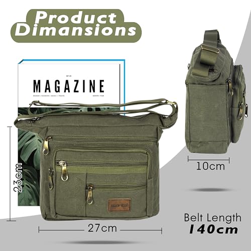 Image of Storite Canvas Sling Crossbody Messenger Bag for Men & Women Multi-Pocket One-Shoulder Travel Bag with Adjustable Strap (Olive - 27 x 10 x 23 Cm)