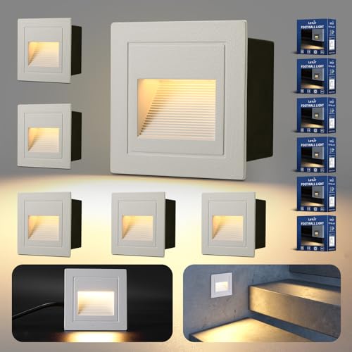 Letlit 3W 300LM Segnapasso LED Esterno 6 Pezzi, IP65 Impermeabile Segnapassi, 3000K Faretti Segnapasso da Interno, Luci per Scale 230V, Luce da Parete 85x85mm - Scatole Incasso 68mm, Alluminio Bianco