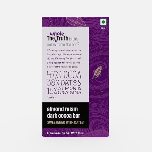 Image of The Whole Truth - Almond Raisin Dark Cocoa Bar - Sweetened only with dates - 47% Cocoa - 38% Dates - 15% Almond and Raisins