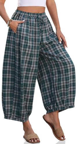 Image of TARSE Women's Plaid Cotton Linen Wide Leg Pants with Pockets