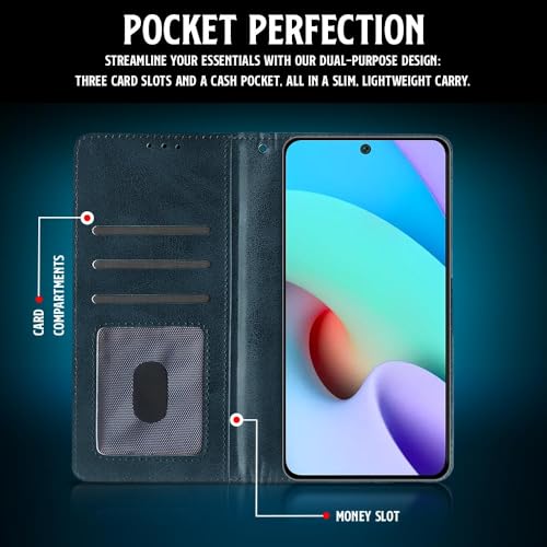 Image of WOW IMAGINE Shock Proof Flip Cover Back Case for Xiaomi Mi Redmi 10 Prime (Magnetic Button Flip Case | Wallet Pockets & Stand | Leather Finish | Oxford Blue)