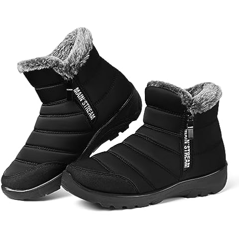 SHIBEVER Women Winter Snow Boots: Black Womens Fur Lined Warm Comfortable Ankle Waterproof Snow Boot Size 7 Outdoor Slip On Zip up Booties Cover