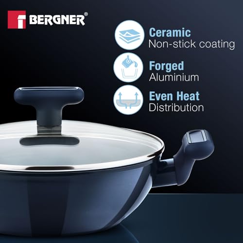 Image of BERGNER Jade 24cm (2.5L) Kadai with Glass Lid, Ceramic Non-Stick Coating, Sturdy Soft Touch Handles, PFOA /PFAS /PTFE Free, Healthy Cooking, Forged Aluminium - Induction and Gas Stove Ready