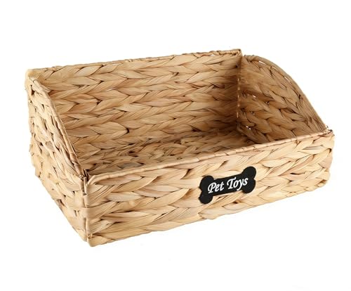 Brabtod Trapezoid Pet Dog Toy Basket,Collapsible Dog Toy Bin,Wicker Basket for Dog Cat Toys,Pet Toy Box,Dog Storage Organizer for Leash Blanket Toys Snacks-Natural Farmhouse Water Hyacinth