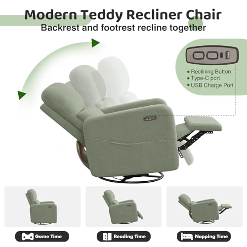 Image of Power Swivel Rocker Recliner, Oversized Electric Boucle Recliner Chair, Teddy Swivel Glider Nursery Reclienr with Removable Cushion, Upholstered Recling Chair for Living Room Bedroom, Green