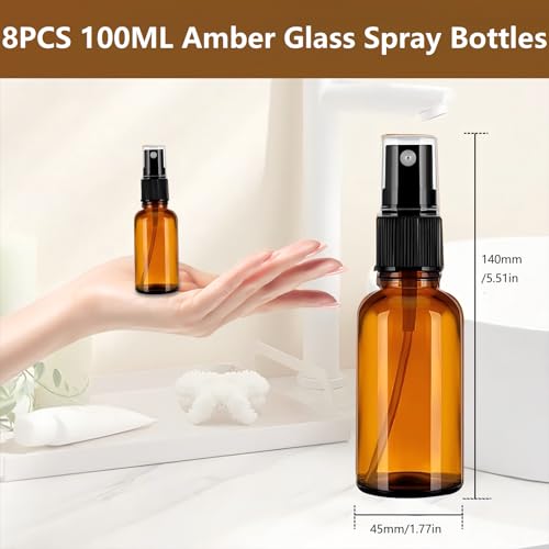 CafullCon 8 Stück Sprühflasche Glas, 100ml Braunglas Sprühflaschen zum Befüllen Tragbares, Nachfüllbar Zerstäuber mit Trichte, Tropferr und Etiketten für Wasser Alkohol Kosmetik Parfüm Aromatherapie