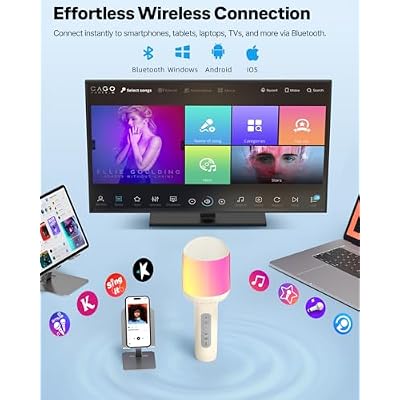 Wireless Bluetooth Karaoke Microphone with Dynamic Lights, Portable Handheld Mic, 6 Sound Effects, 10H Battery, Perfect for Kids Singing, Home Parties, Duet - Gift Idea, Works with All Smartphones