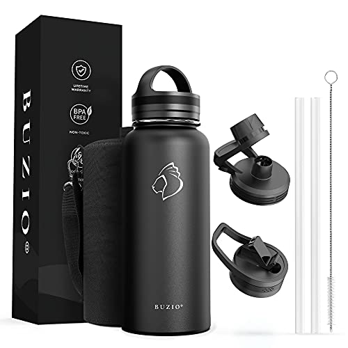 BUZIO Sports Water Bottle, 32 oz Vacuum Insulated Stainless Steel with 3 Caps, Hot Cold Double Wall Leakproof Modern Double Walled Simple Thermo Mug with Carrying Pouch, Black