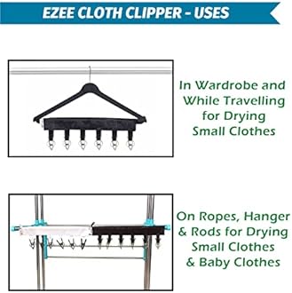 Synergy Heavy Duty Foldable Stainless Steel Clothes Drying Stand | 58 Ft Drying Space with 14 Hanger Slots | Cloth Dryer Stand with EZEE Clipper | 3 Tier, Blue (SY-CS19-COMBO)