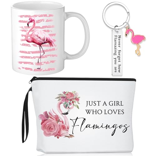 Reginary 3 Pcs Valentine's Day Flamingo Gifts Bulk for Women Adult Pink Flamingo Mug Makeup Bag Keychain for Birthday Party Gift