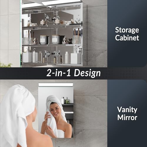 ELEGANT Bathroom Mirror Cabinet with LED Makeup Light, Stainless Steel Wall Mounted Storage Cabinet with Fully Assembled, Modern Single Mirrored Door Bathroom Cabinets 360 x 520 mm - Image 7