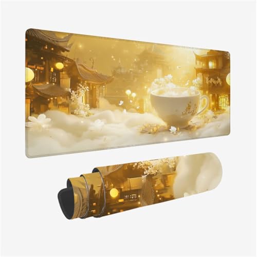 Tapis de Souris XXL 900 x 500 x 3mm, Cabine Tapis de Souris Tasse Pattern avec Base en Caoutchouc Antidérapant Surface, Imperméable Mouse Pad avec Bords Surpiqués Désign, Decoration Bureau,Model846