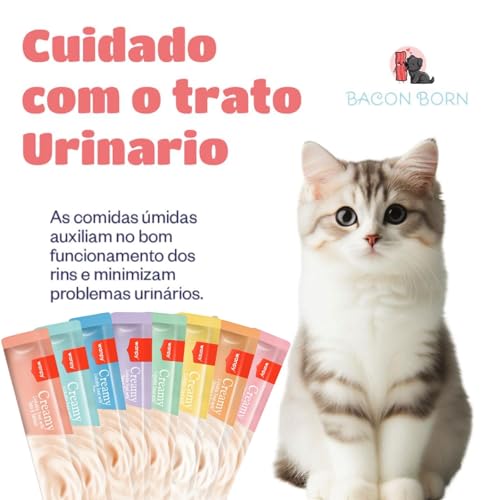 Petisco Para Gatos Wanpy Creamy Ração Premium Churu Sabores Bacon Born (Pacote - 70g, Atum e Bacalha