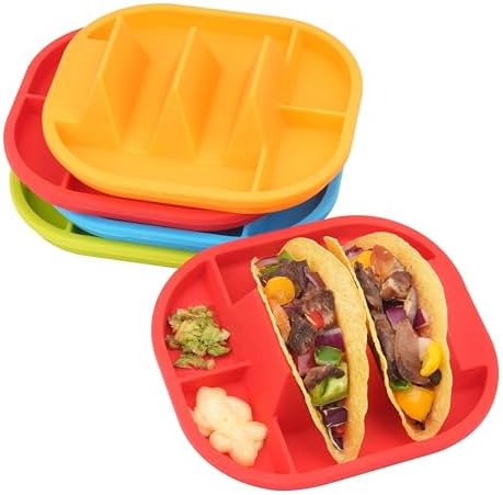 4 Pack Silicone Taco Plates With Dividers, Colorful Taco Trays Wi...