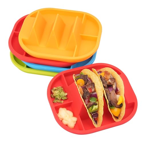 4 Pack Silicone Taco Plates With Dividers, Colorful Taco Trays Wi...