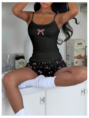 Image of OYOANGLE Women's Bow 2 Piece Pajama Set Summer Lounge Sleepwear Sets | Cute Pjs, Cami Top and Shorts Sets, Comfy Loungerwear
