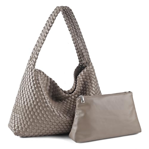 Woven Tote Bags for Women Soft Vegan Leather Shoulder Handbag Slouchy Hobo Bag with Vanity Purse (Grey) by aoonpe - Used condition - US$36.03