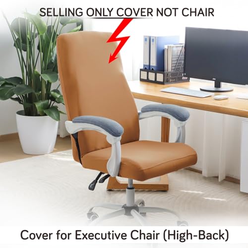 Image of HOKIPO Office Chair Cover for Executive Chair (High-Back) - 140 GSM Stretchable Fabric - Anti-Slip & Washable - Fits Tall & Big Office Chairs, Caramel Brown(AR-6204-SBRN)