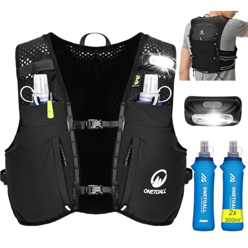 ONETOALL Chaleco Running Hombre Mujer con 2 Botella 500ml y Luz LED Recargable, Chaleco Hidratacion Trail Running, Mochila Hidratacion Running Vest Mochila Running para Correr Senderismo Montaña