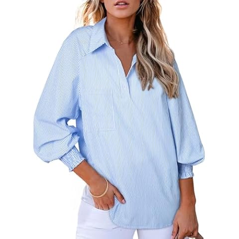Astylish Womens Trendy Collar Long Sleeve Henley Shirts Fine Striped V-Neck Button Down Teacher Tops Blouse for Pocket Shirred Sky Blue Stripe Large Cover